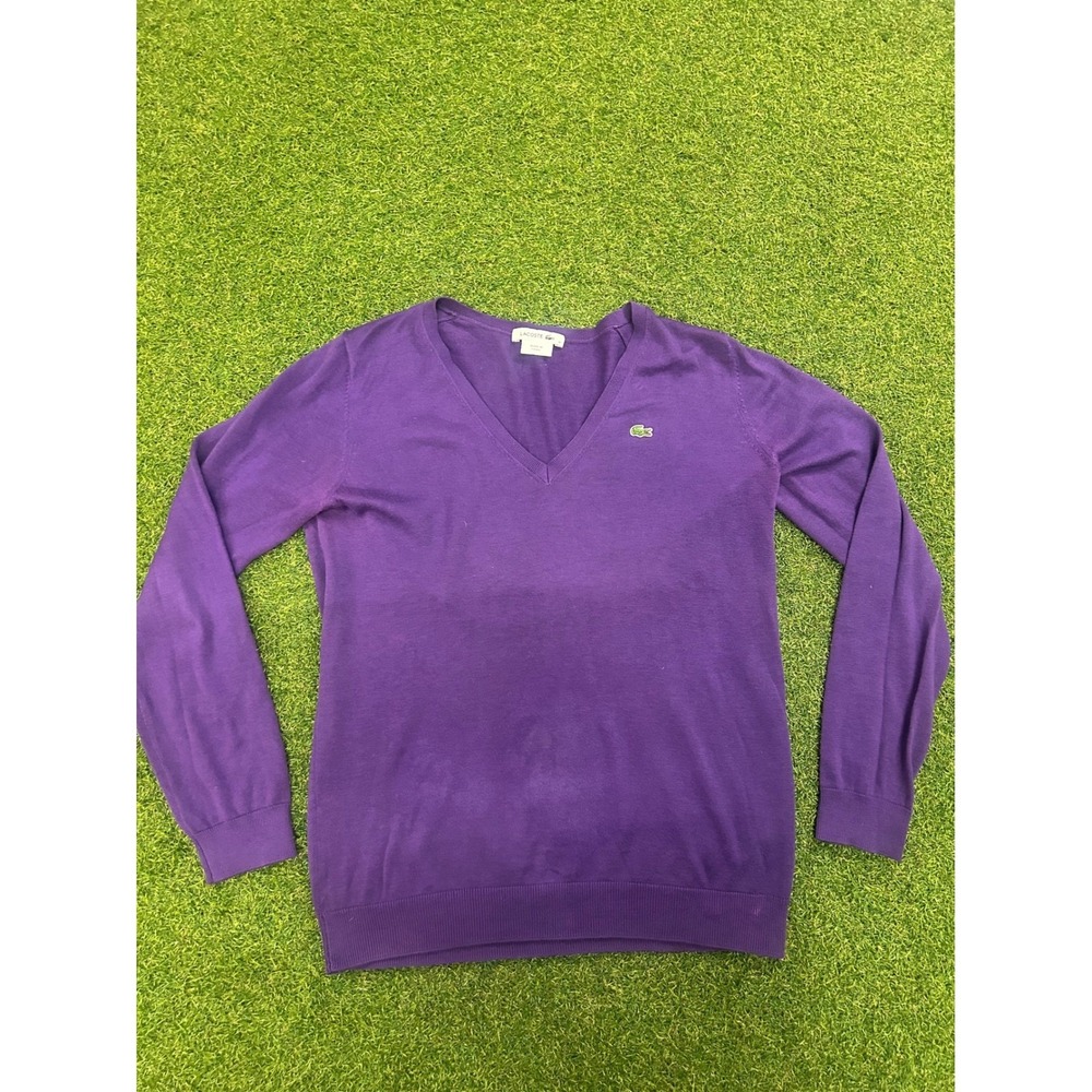 Lacoste Womens Purple V-Neck Long Sleeve Knit Sweater‎ Size 38 Logo Classic